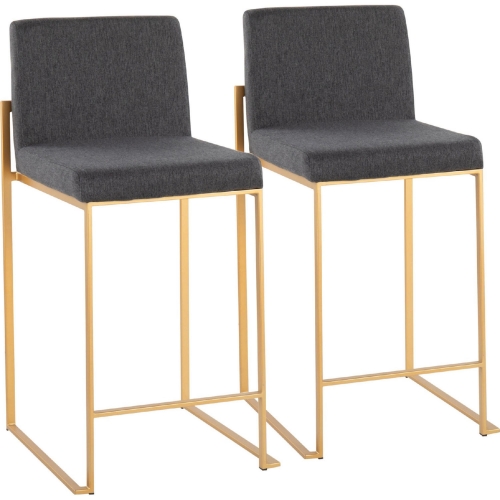 Fuji High Back 26" Counter Stool in Charcoal Gray Fabric & Gold Steel (Set of 2)